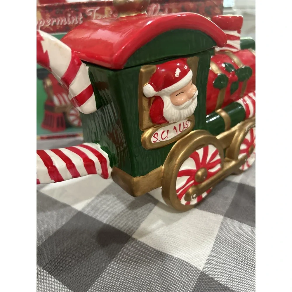 Vintage‎ Peppermint Santa Train Teapot In Box 1994 Hermitage Pottery WITH LID